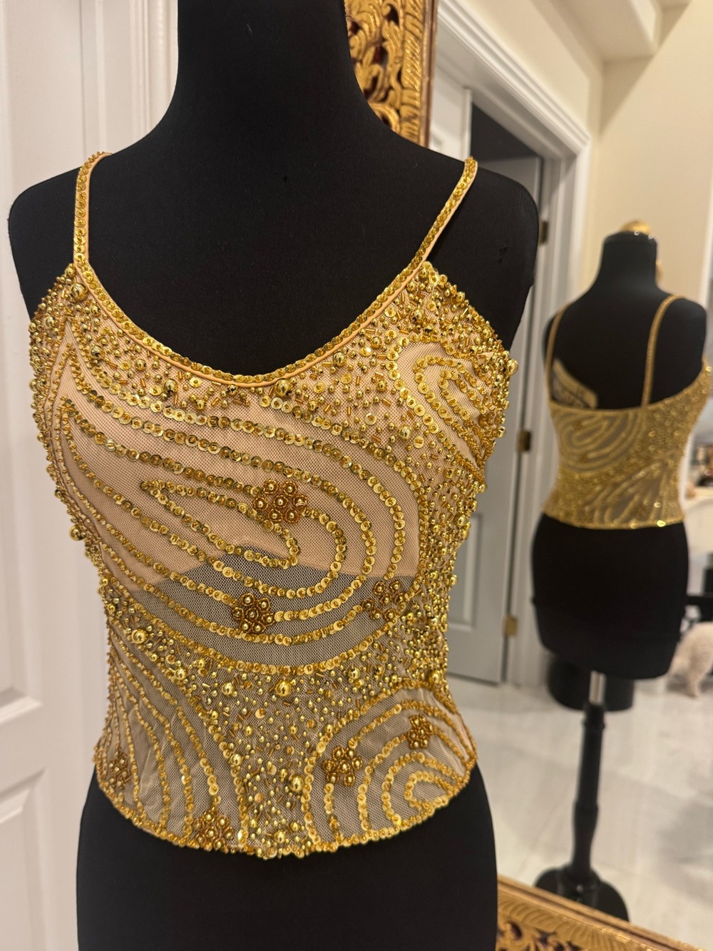 Gold Beaded Sheer hand beaded Camisole - Lux Embellished Top for day or evening